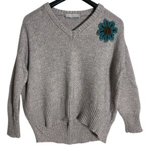 Giada Benincasa Grey Wool/Cotton Blend Flower Embroidery Sweater Size S
